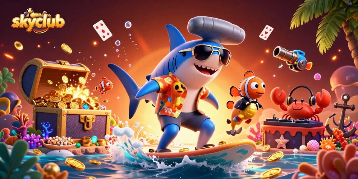 Experience excitement at skyclub with a shark surfing on gold coins amidst a vibrant underwater party.
