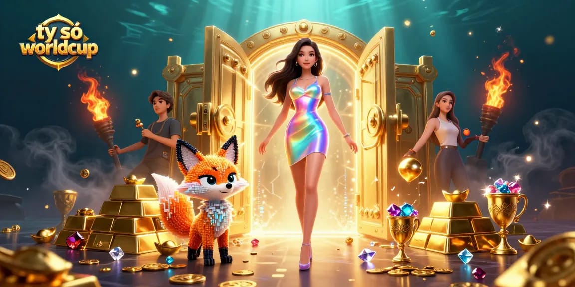 Watch the thrilling tỷ số worldcup virtual scene unfold with dazzling characters amidst gold treasures.