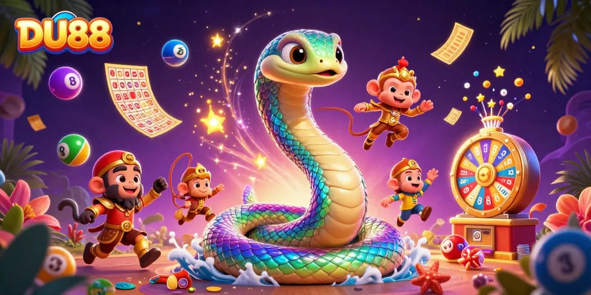 Experience delight with DU88 in this vibrant 3D casino illustration showcasing a rainbow serpent, monkey king, and exciting game elements.