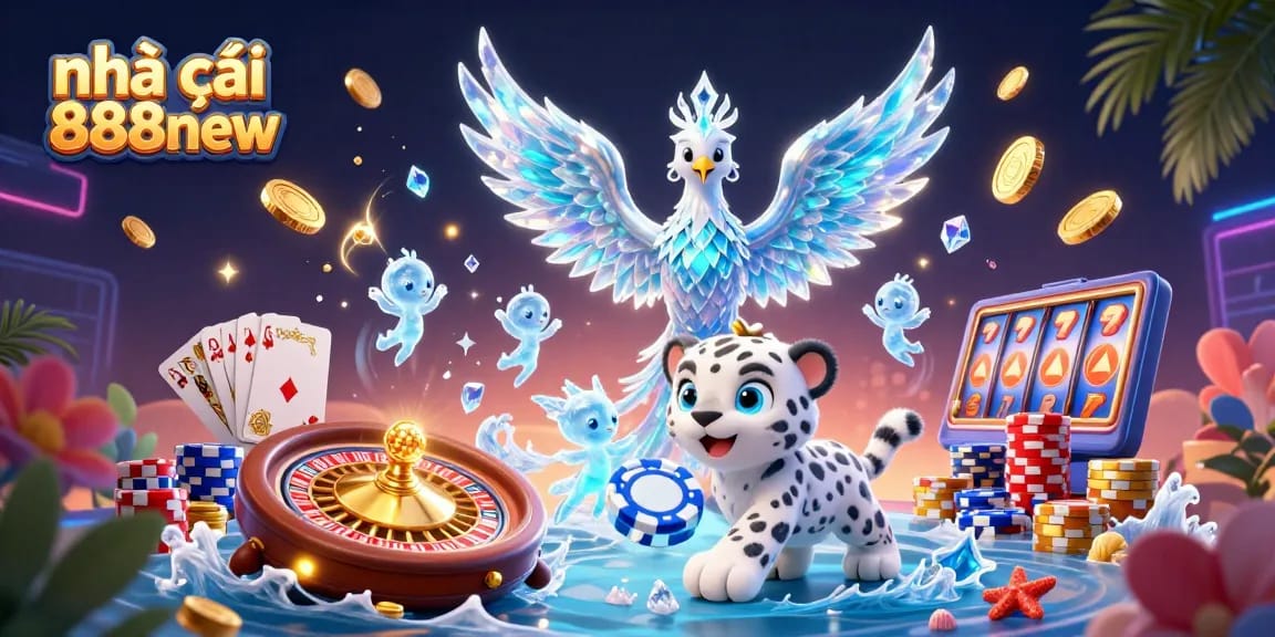 Play thrilling games at nhà cái 888new with vibrant 3D illustrations depicting exciting casino elements.