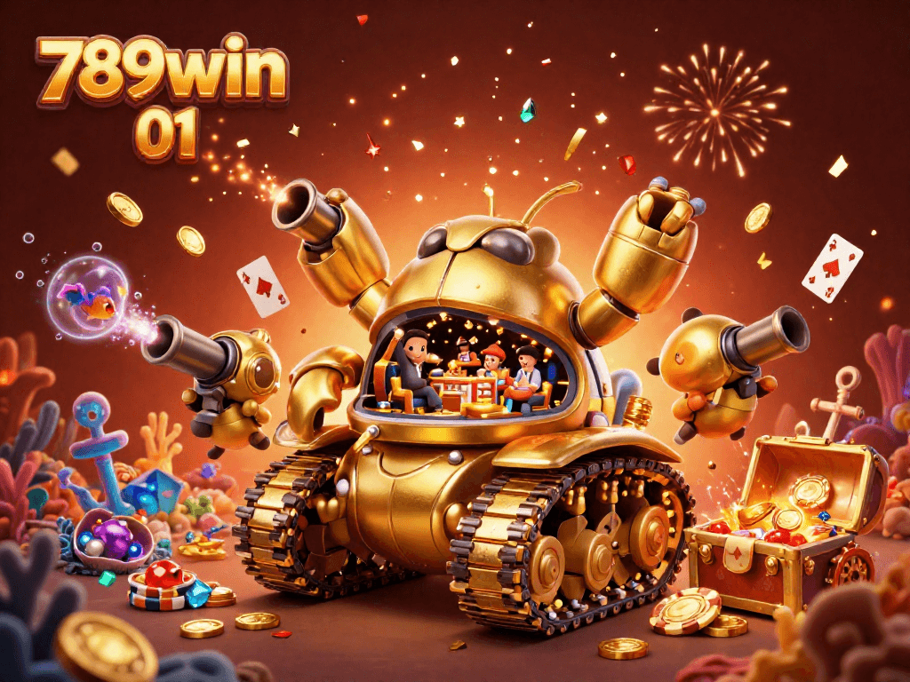 Experience casino thrills with 789win 01, featuring a vibrant 3D scene of a golden beetle tank and underwater treasures.