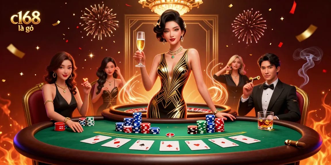 Engage with c168 là gì in an opulent casino scene featuring high-stakes poker and luxury elements.