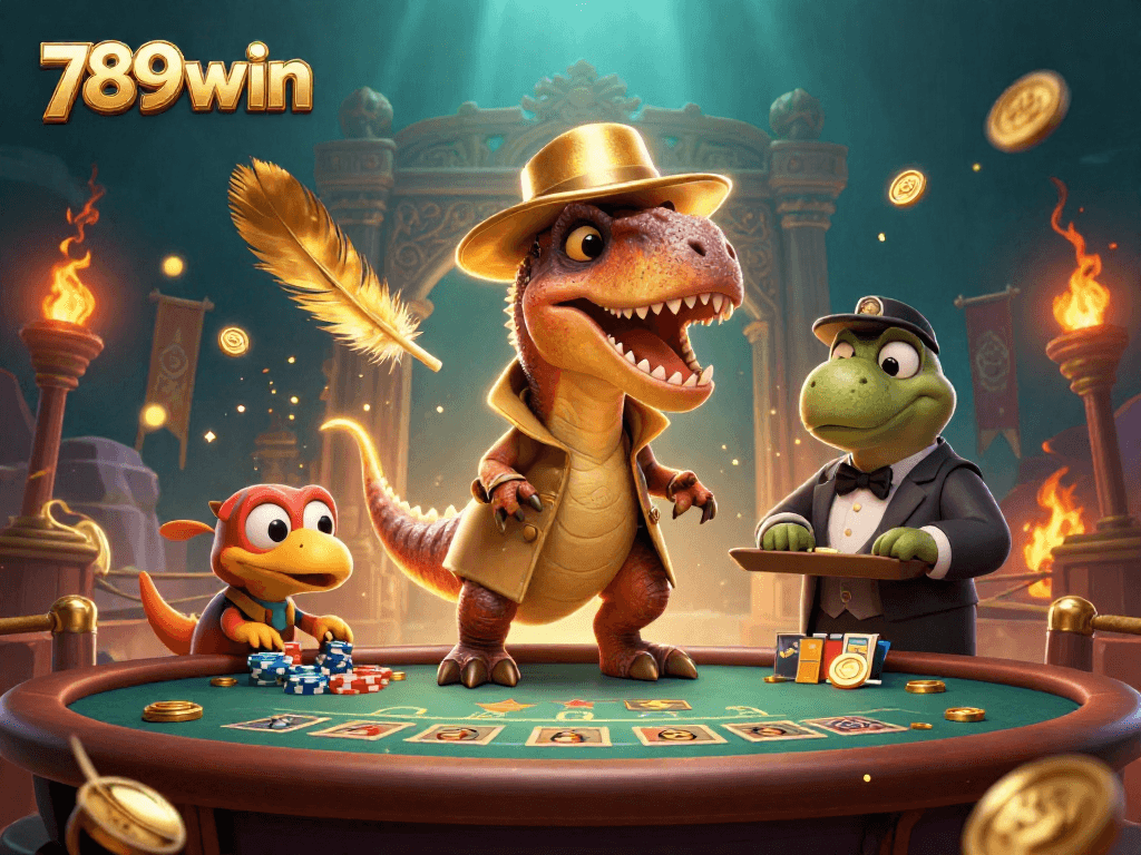 Experience the thrilling game play at 789win with a clever velociraptor casino character.