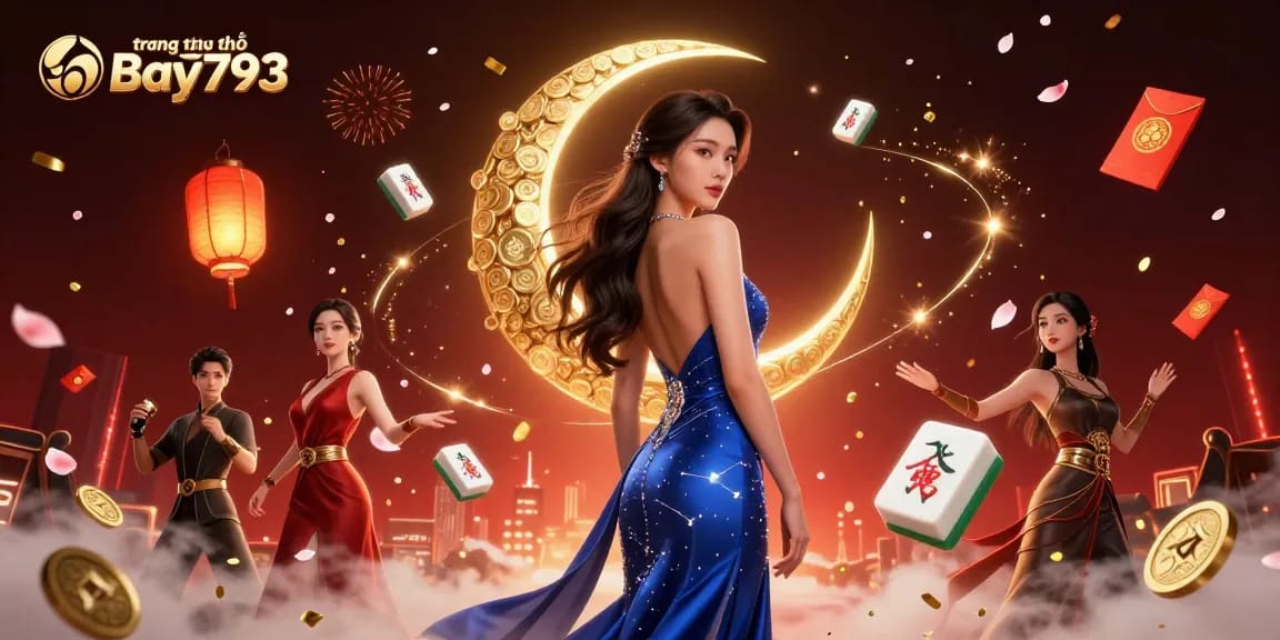 Experience the excitement of trang chủ Bay793 with a stunning Asian woman in a celestial-themed casino setting.