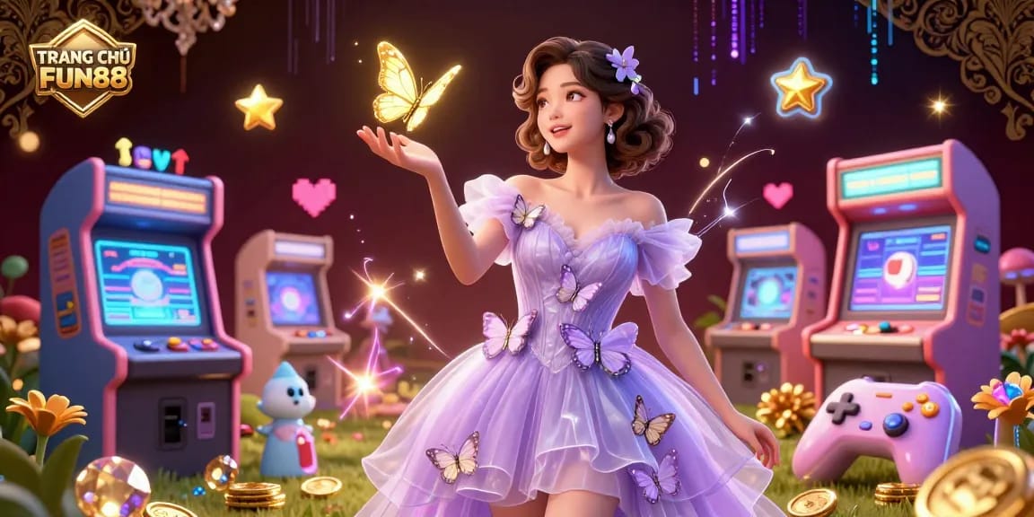Engage with the excitement of TRANG CHỦ FUN88 amidst a vibrant casino environment featuring colorful games and magical visuals.