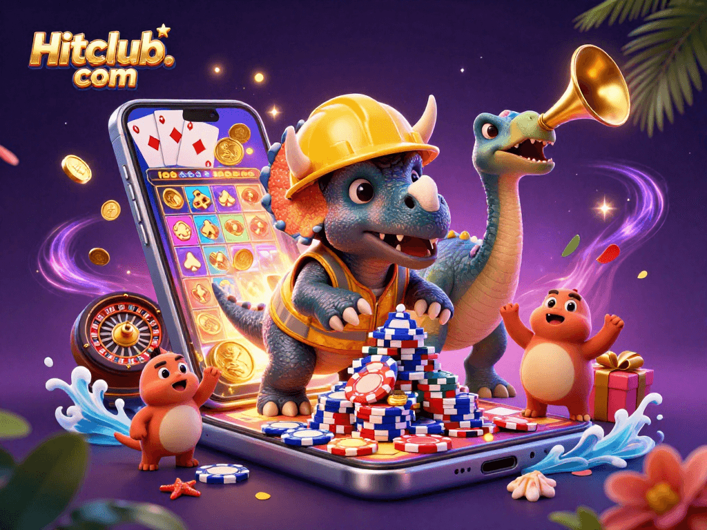 Engage in dynamic gaming excitement at Hitclub. com with a triceratops building a poker chip pyramid.