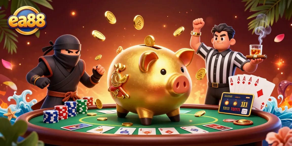 Play dynamic casino games at ea88 with a golden piggy bank sumo wrestler and colorful poker chips.