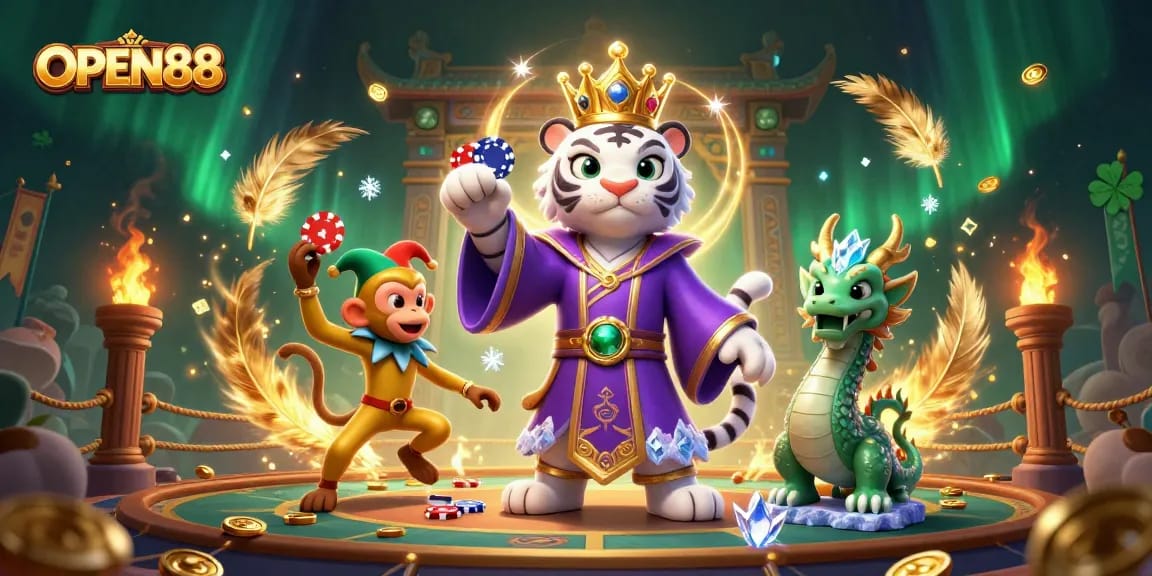 Experience the excitement of OPEN88 with a tiger, jester, and dragon amidst vibrant casino elements.