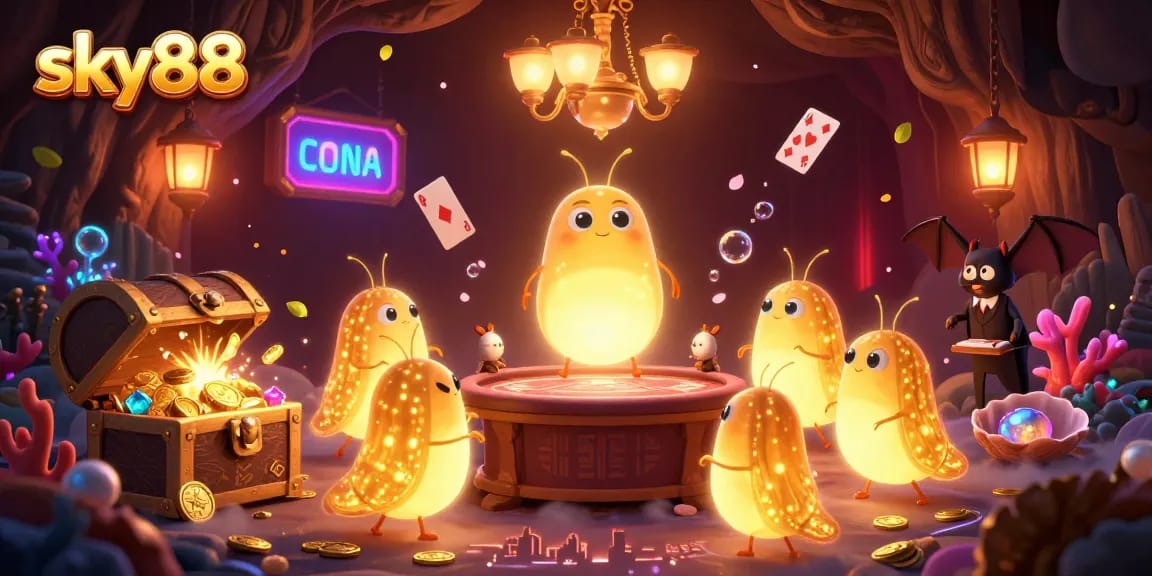 Experience the thrill of sky88 with a glowworm casino scene showcasing bioluminescent lights and underwater treasures.