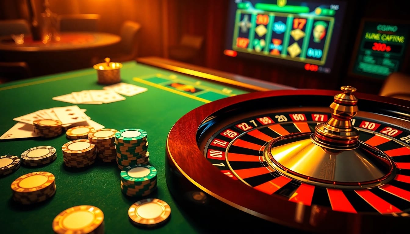 An exciting casino scene featuring gg88.ltd poker and roulette games, showcasing vibrant colors and dynamic play.