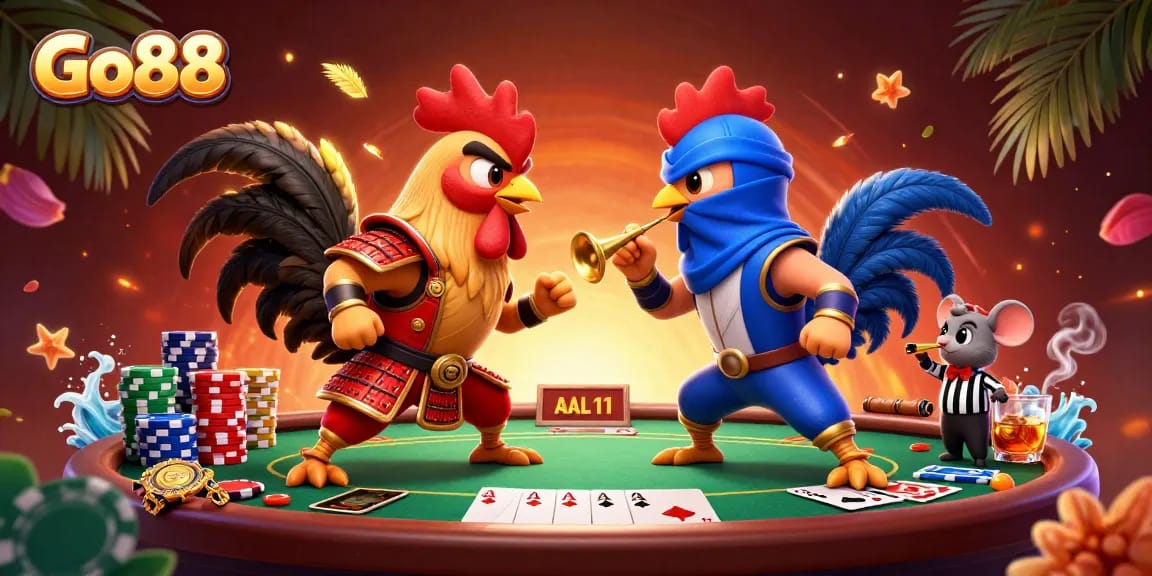 Engage in thrilling battles at Go88 with fighting roosters and dramatic poker action!