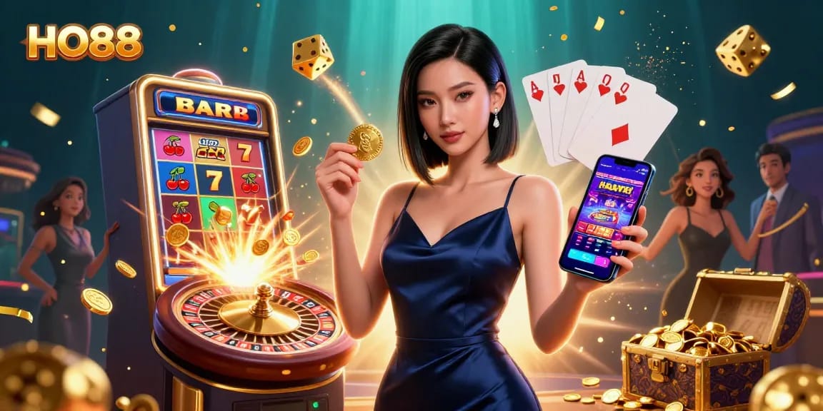Experience excitement with HO88 in this vibrant casino scene showcasing a mobile app.