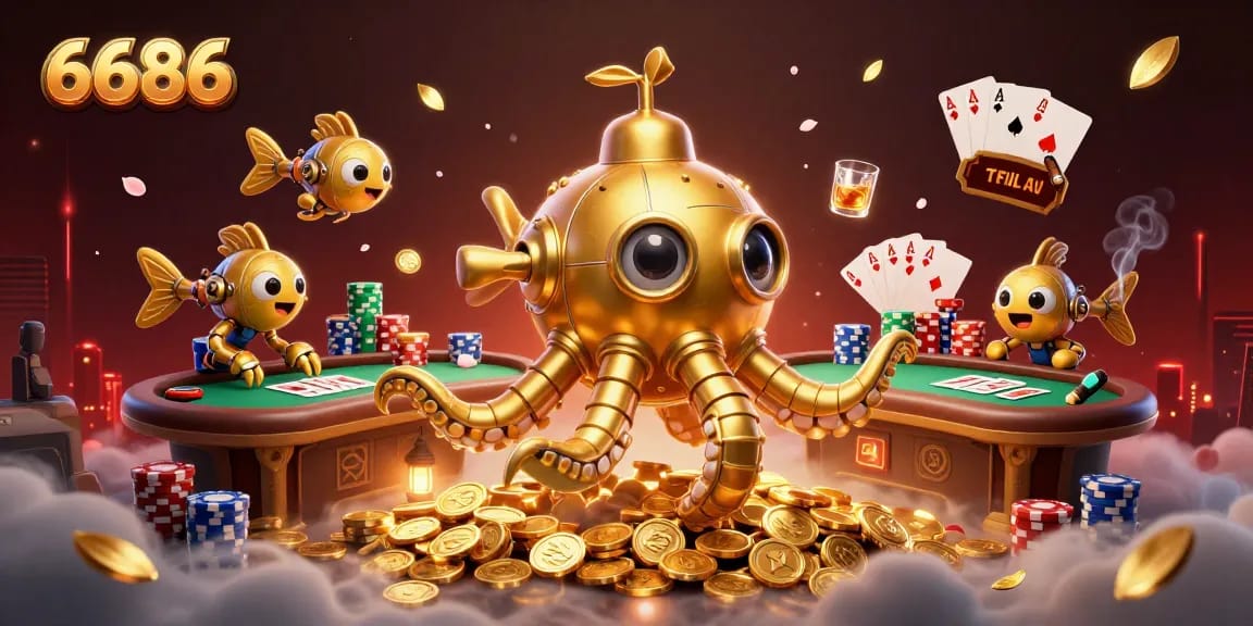 Engage in thrilling gaming action with 6686's vibrant casino illustration showcasing a kraken submarine amidst golden coins.