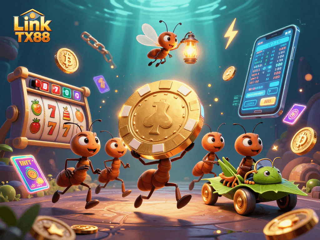 Experience magical wins with Link TX88 as ants carry a giant poker chip through vibrant casino elements.