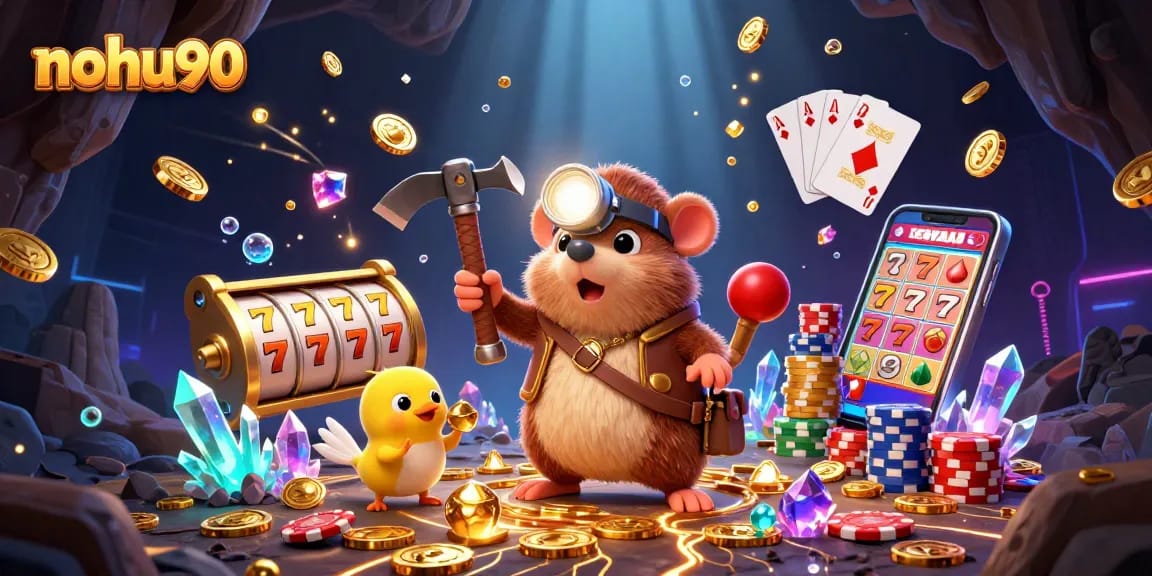 Nohu90 spins slot machines while a treasure hunter mole finds gems and gold in a casino cave
