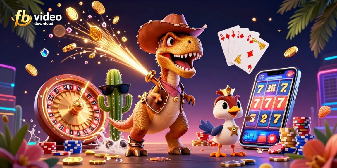 Engage with fb video download featuring a colorful casino scene with cartoon characters and dynamic game elements.