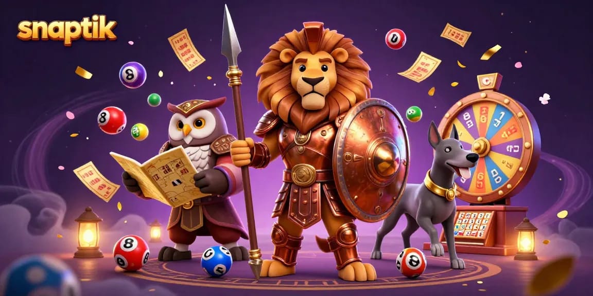 Engaging scene with snaptik characters and colorful lottery elements for a vibrant gambling experience.