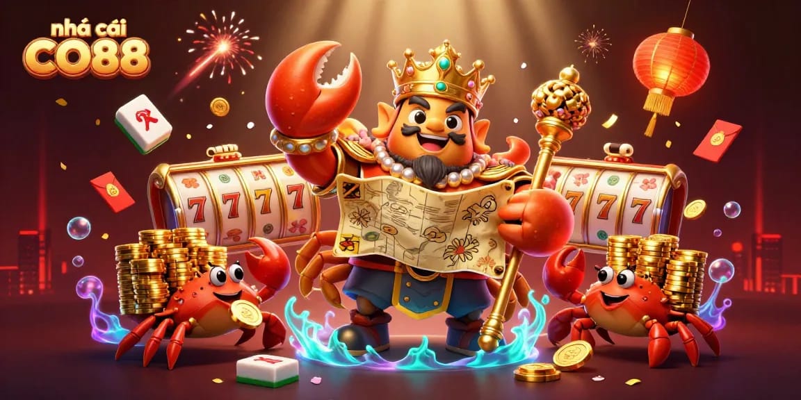 Experience the excitement of nhà cái CO88 with a vibrant 3D casino scene featuring a crab emperor.