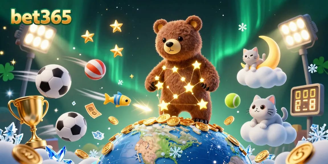 Bet365's sports betting mascot reaches for coins amid vibrant gaming symbols.