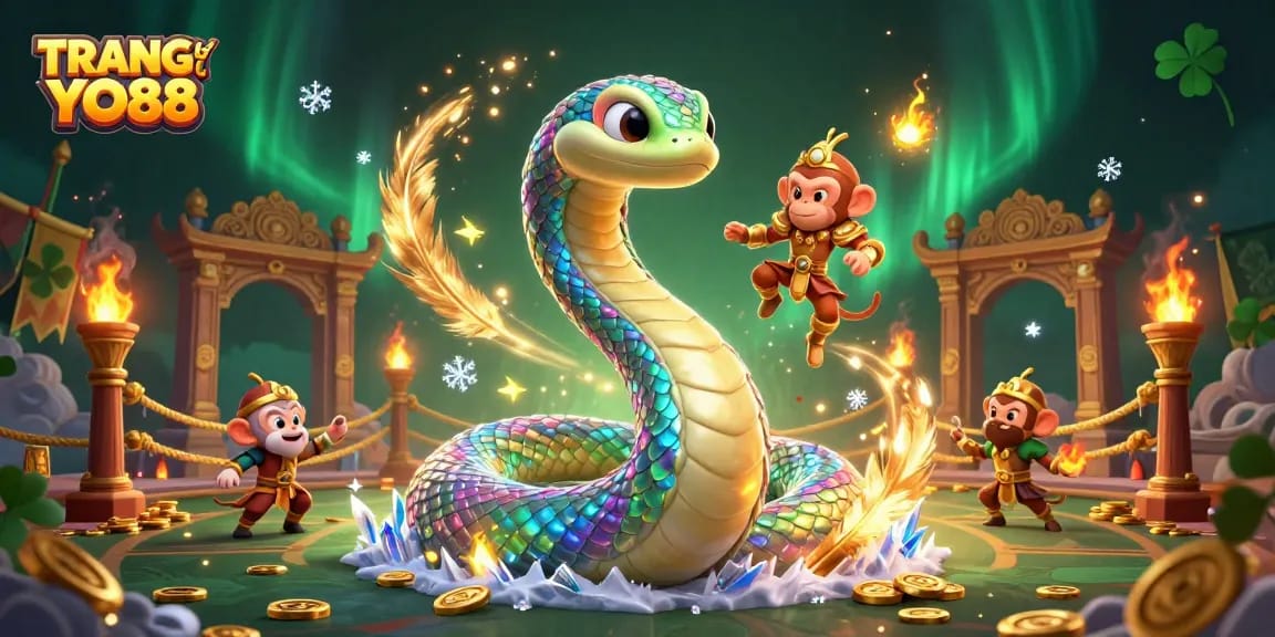 Engage with TRANG CHỦ YO88 through a vibrant illustration showcasing a rainbow serpent, golden elements, and magical effects.