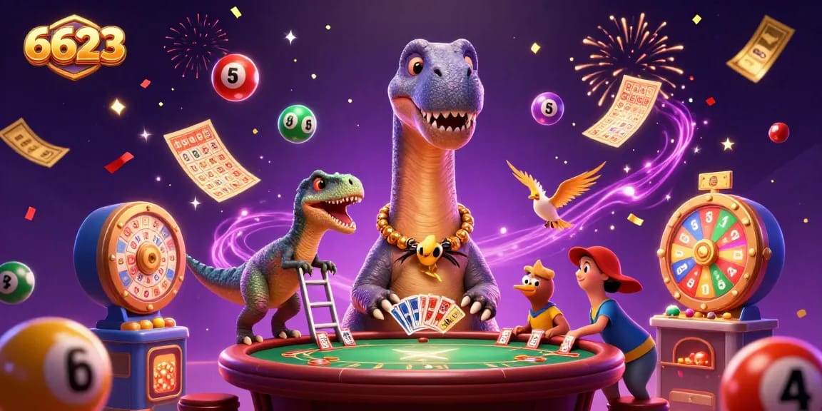 Experience high-energy gaming at 6623 with a bustling casino scene featuring vibrant characters and elements.