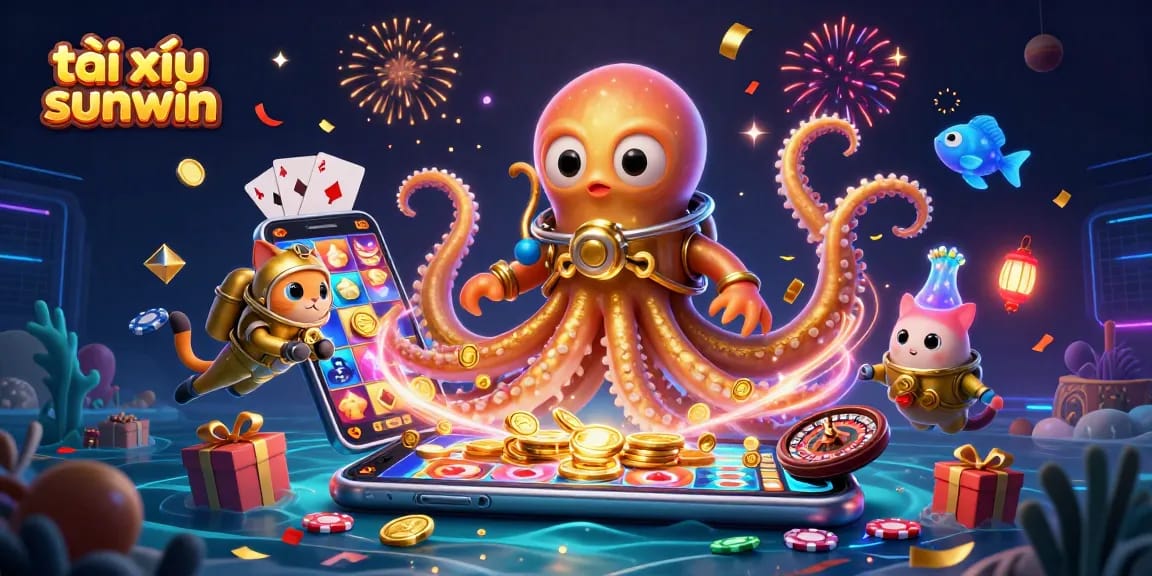 Play tài xỉu sunwin with a thrilling illustration of a kraken and diving cat in an underwater casino.