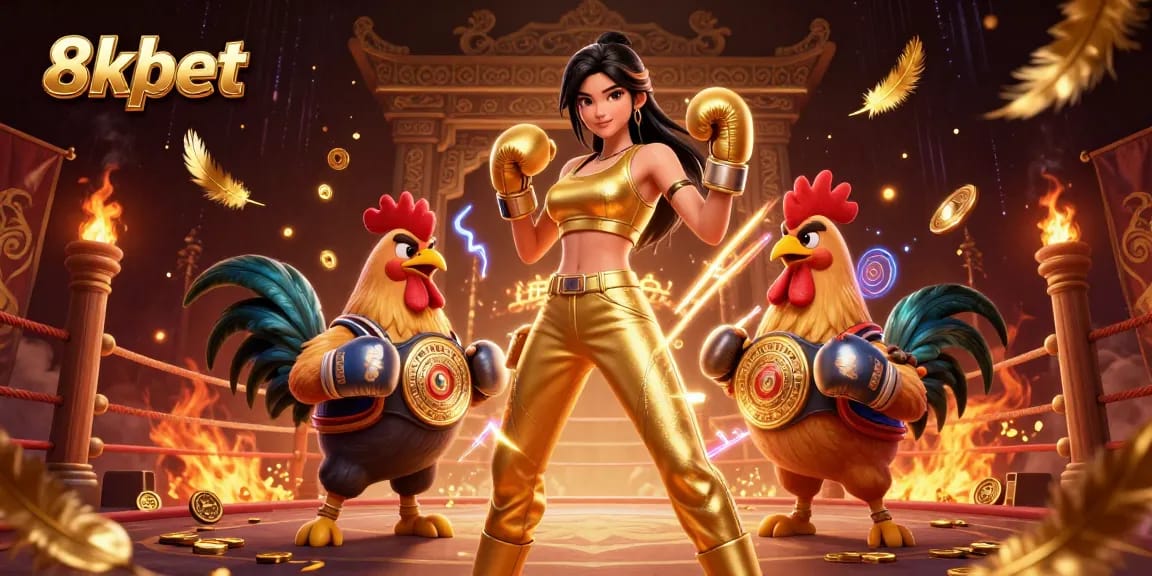 Bet on 8xbet with a 3D illustration of a powerful woman and a boxing rooster.