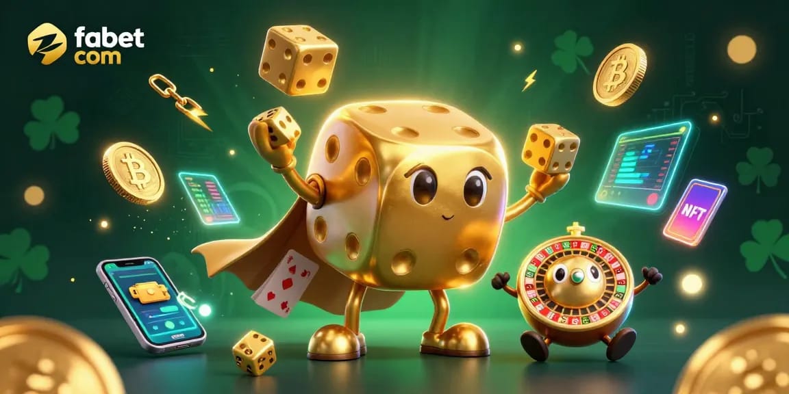 Experience excitement with fabet com in a lively casino illustration featuring golden dice and crypto elements.