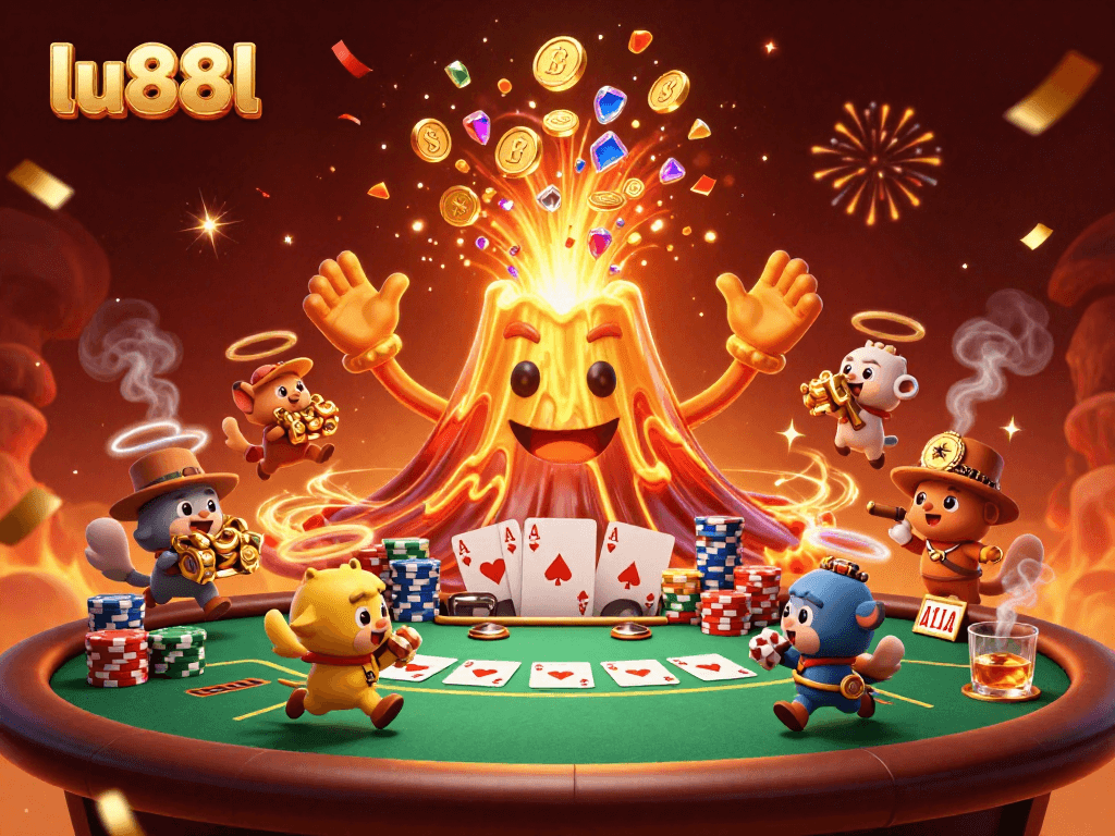 Experience the thrilling world of lu88l with an energetic scene of a golden volcano and treasure-hunting animals amidst poker excitement.