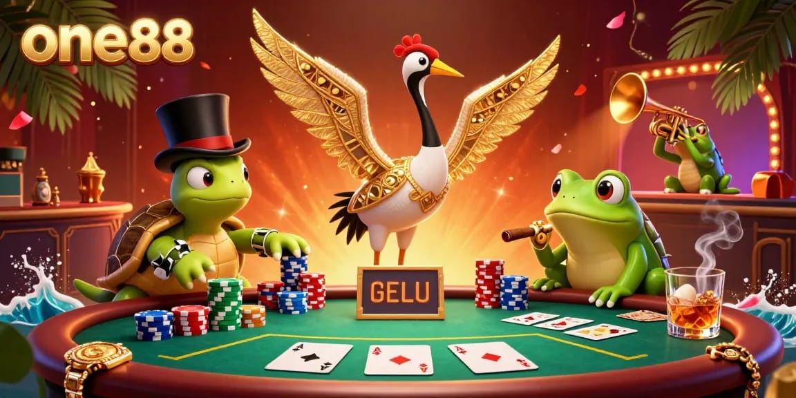 Bet on one88 with dynamic characters at a lively sports betting scene featuring colorful poker elements.
