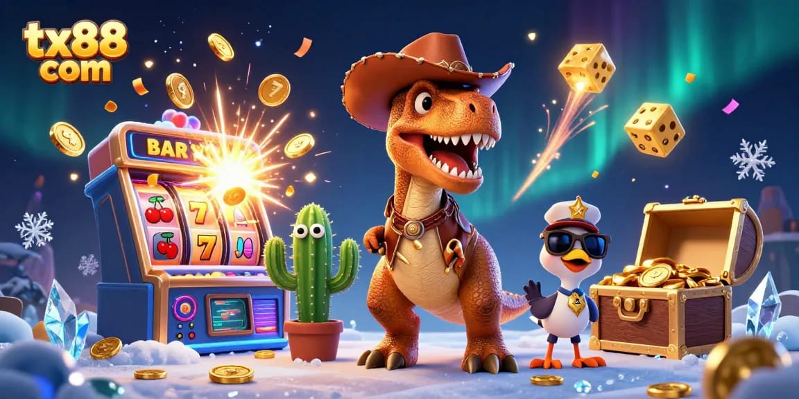 Spin to win with tx88 com as a playful cowboy dinosaur and friends celebrate a jackpot!