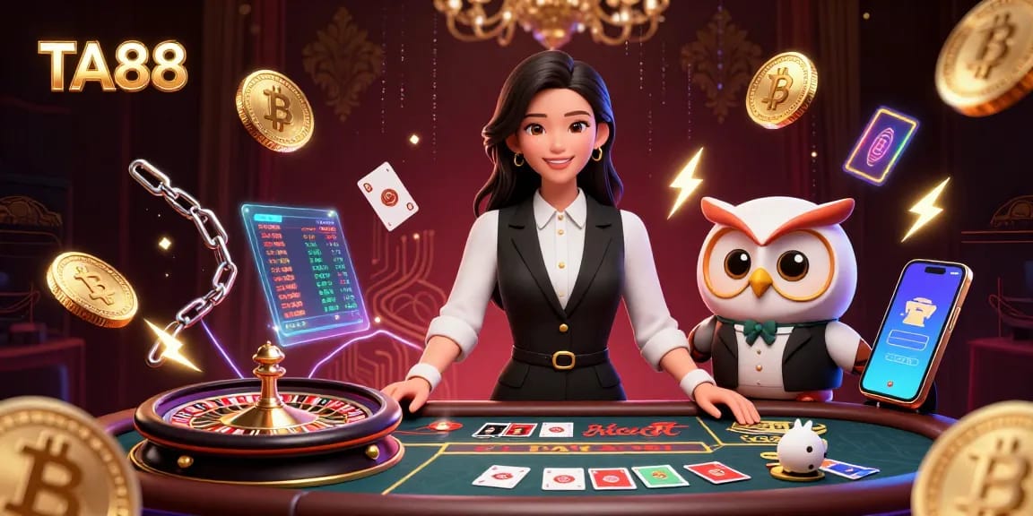 Engage with TA88's exclusive live dealer Baccarat experience featuring 3D characters and vibrant gaming elements.