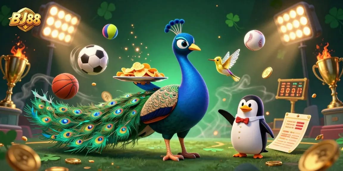 BJ88 captivates with a vibrant casino scene featuring a cartoon aristocratic peacock and golden sports balls.