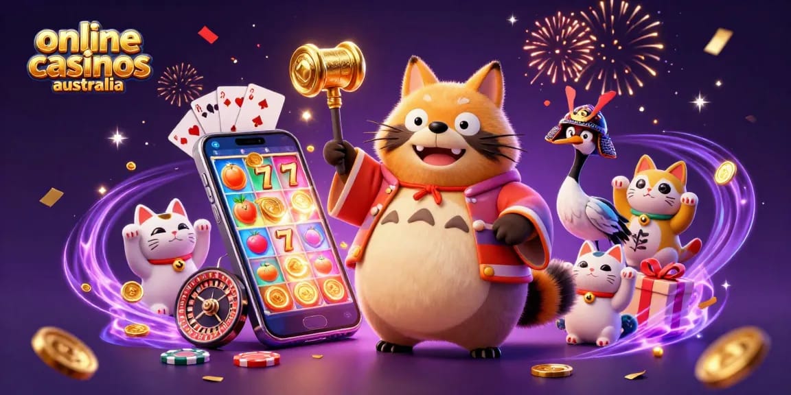 Play vibrant games in online casinos Australia with cheerful tanuki, crane, and lucky fortune cats.