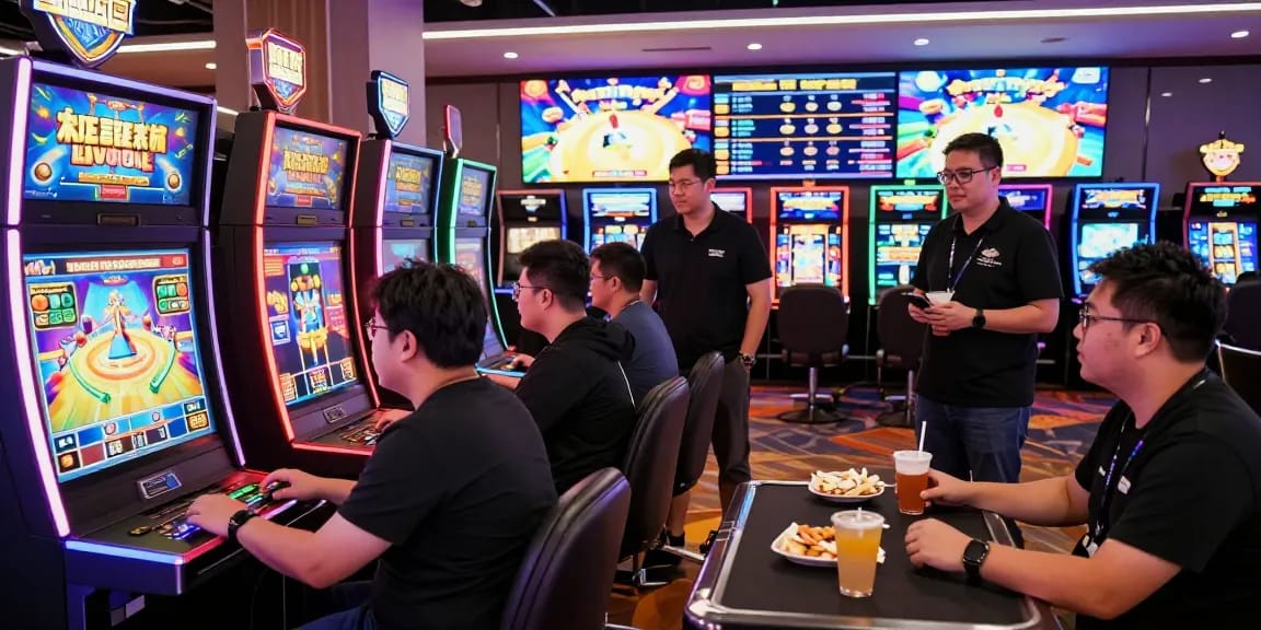KK55 players engaging in thrilling online gaming experience in a vibrant casino.