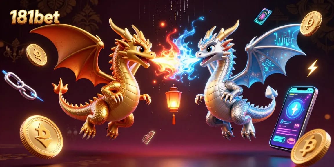 Experience thrilling gameplay with 181bet, featuring a dynamic scene of gold and silver dragons alongside digital crypto elements.
