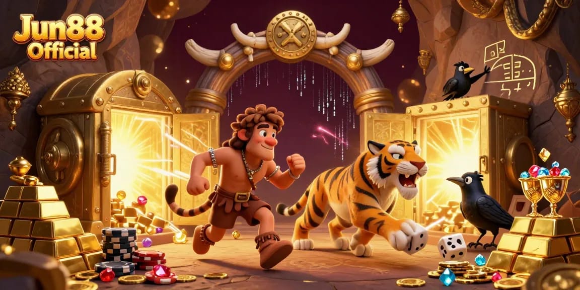 Experience the thrill of gaming with Jun88 Official in a vibrant prehistoric casino setting.