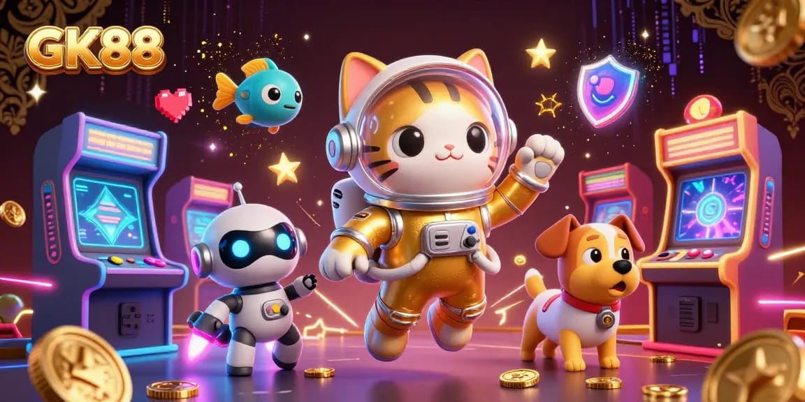 Engage with GK88 through a dynamic scene of a space astronaut cat and robot dog in a vibrant casino-themed setting.