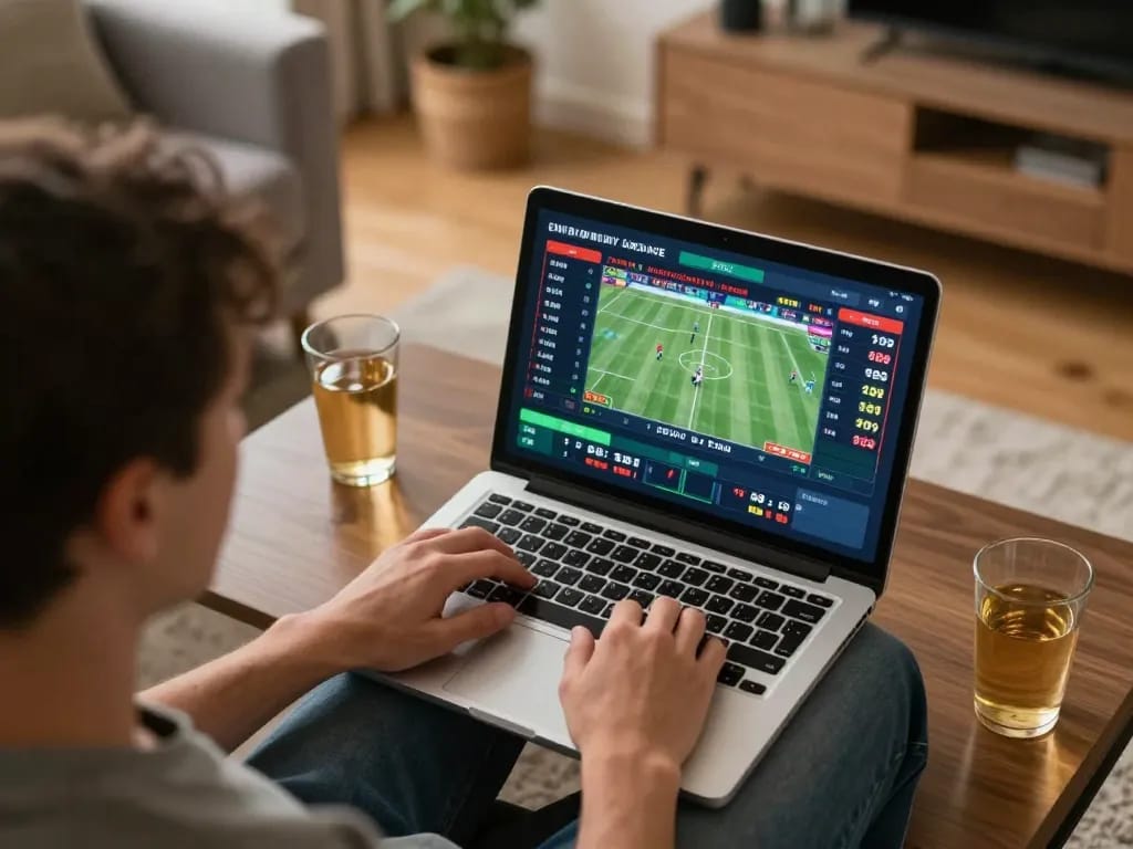 Exciting online sports betting at home with 789bet displayed on the laptop, showcasing strategic gameplay and analysis.