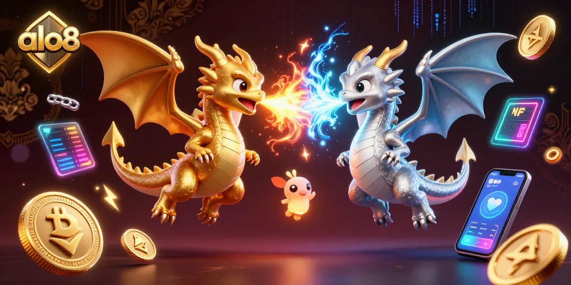 Experience excitement at alo8 with intertwined dragons and crypto gaming elements igniting the atmosphere.