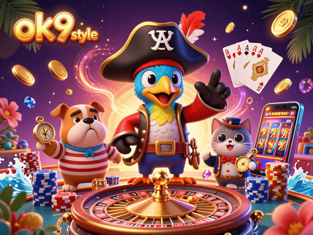 Engage in thrilling bets at ok9 style, with a lively pirate captain and friends amidst glittering casino treasures.