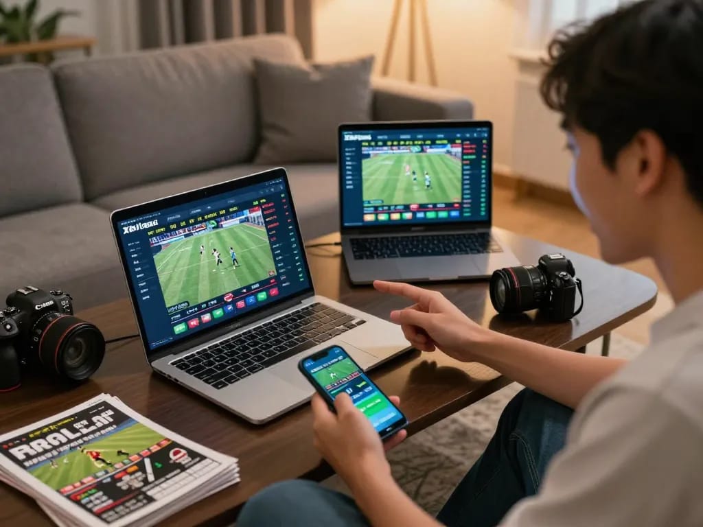 Xoilac user placing a live sports bet at home, showcasing a cozy betting environment with multiple screens.