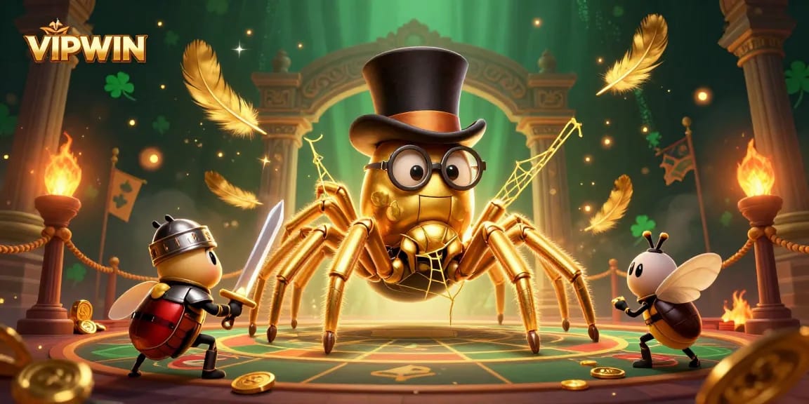 Join the adventure at VIPWIN with a golden tarantula weaving dreams of fortune amidst casino excitement.