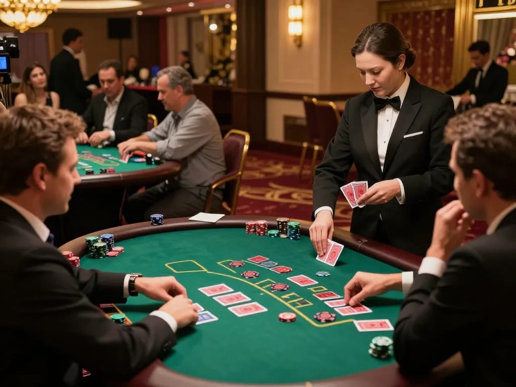 Players enjoying a thrilling game of blackjack at hbet2 casino with luxurious ambiance.