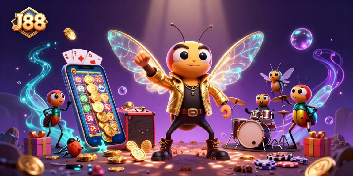 Experience thrilling games at J88 with a vibrant scene of a rock star cicada and dynamic casino elements.
