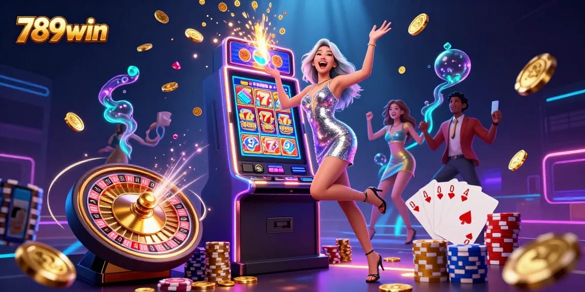 Experience winning with 789win as vibrant characters celebrate a jackpot amidst casino excitement.