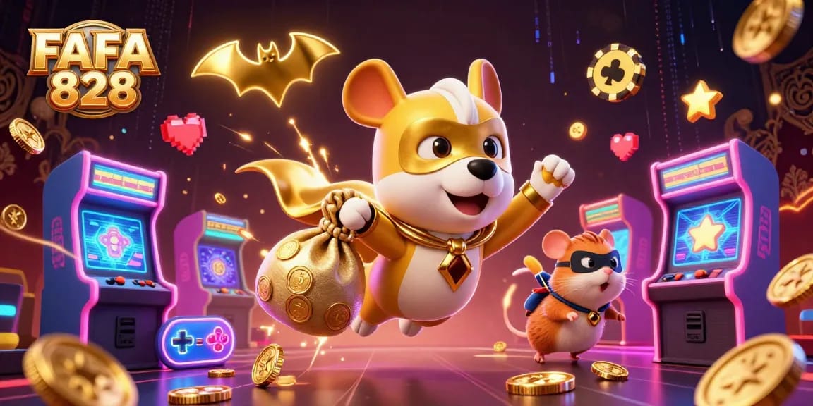 Engage with FAFA 828 as a superhero dog character soars, representing the vibrant casino experience.