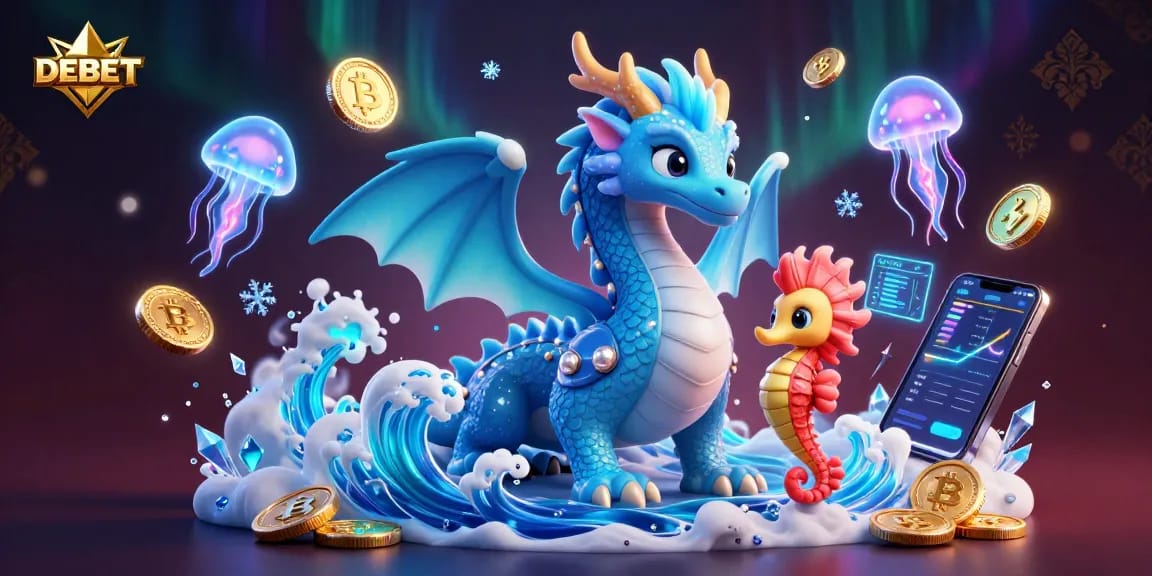 Engage with DEBET in this vibrant scene featuring gambling characters and crypto elements.