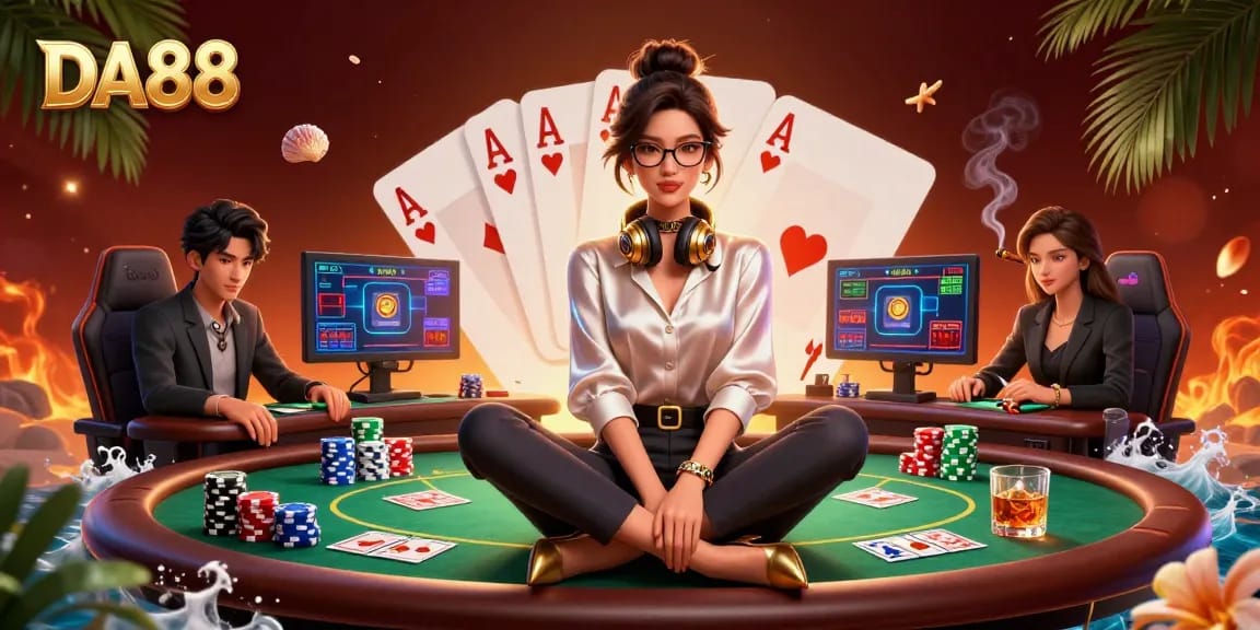 Engage with the DA88 casino experience at a high-tech poker setup with vibrant game elements.