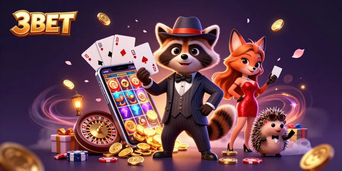 Experience excitement at 3BET casino, where raccoon and fox revel in a vibrant gaming scene.